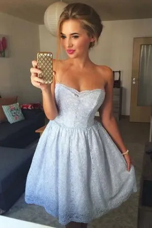 A-Line Strapless Light Blue Lace Short Homecoming Dresses PFH0159