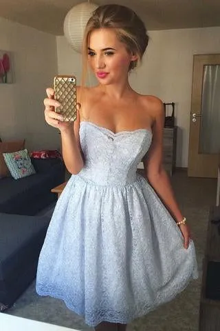 A-Line Strapless Light Blue Lace Short Homecoming Dresses PFH0159