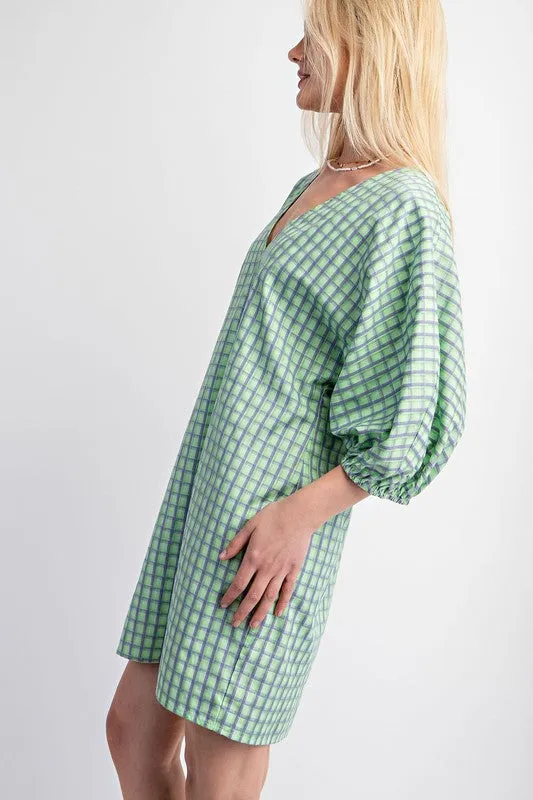 Apple Green Checkered V-Neck Mini Dress with Puff Sleeve