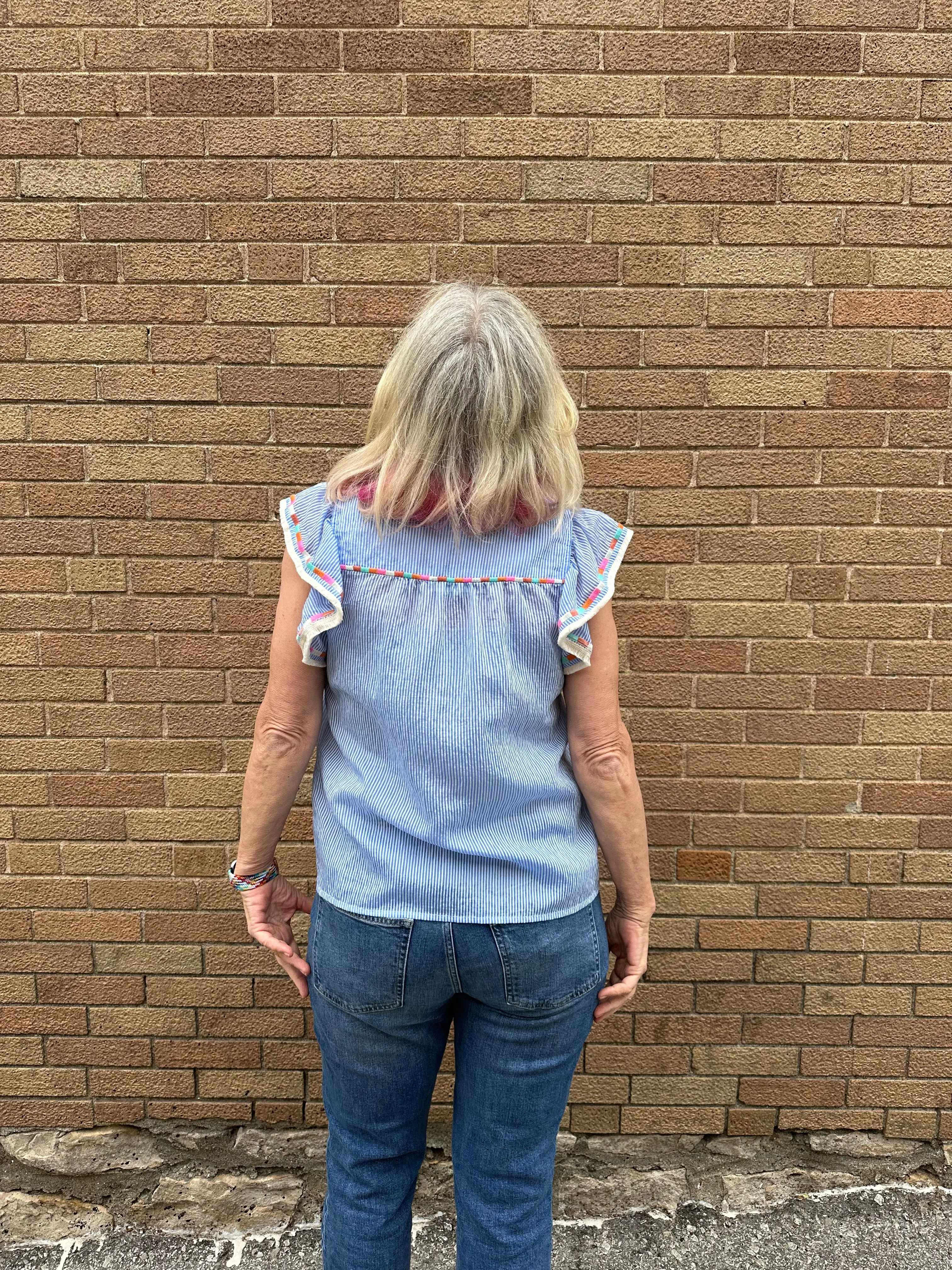 BLUE STRIPE EMBROIDERED BLOUSE