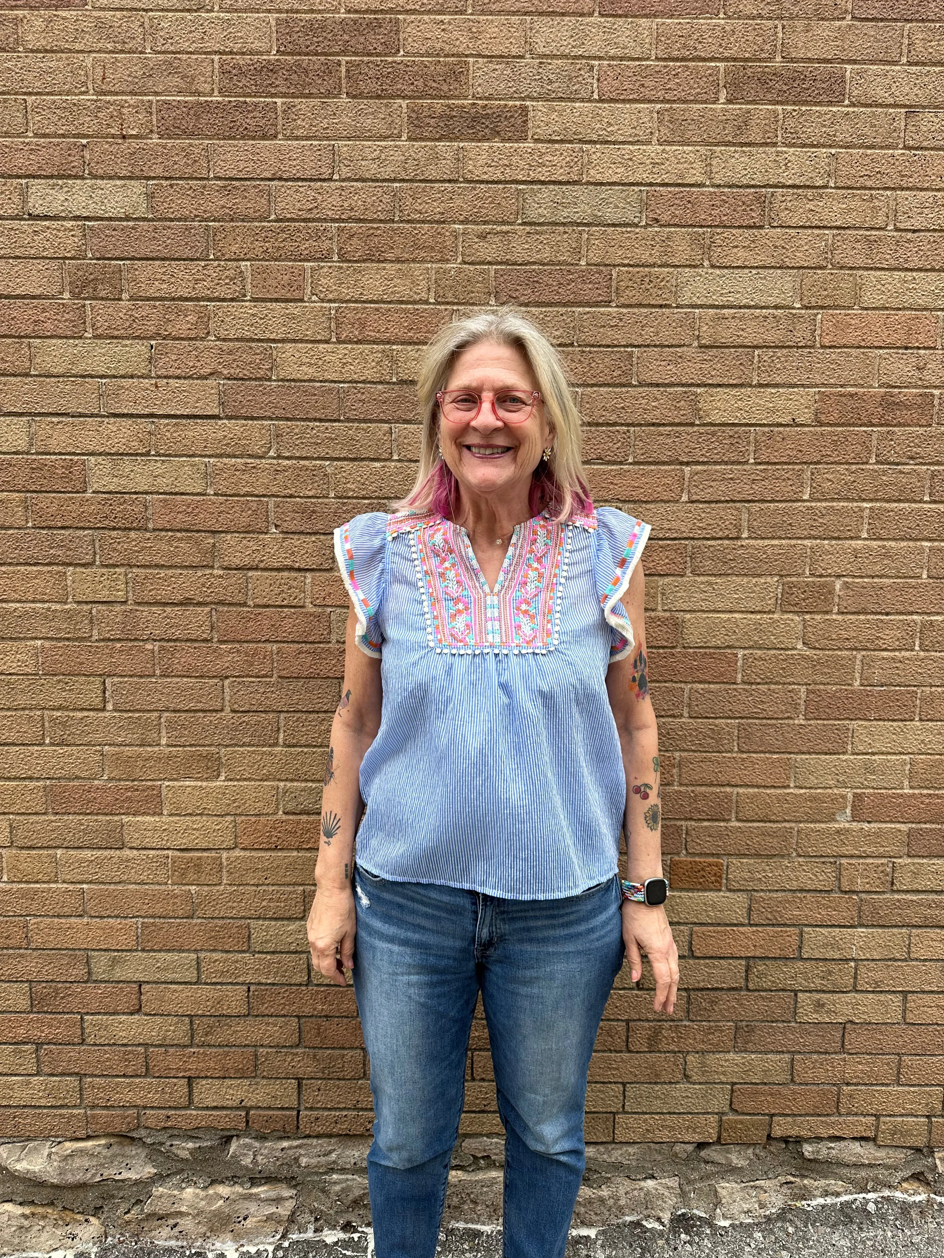 BLUE STRIPE EMBROIDERED BLOUSE