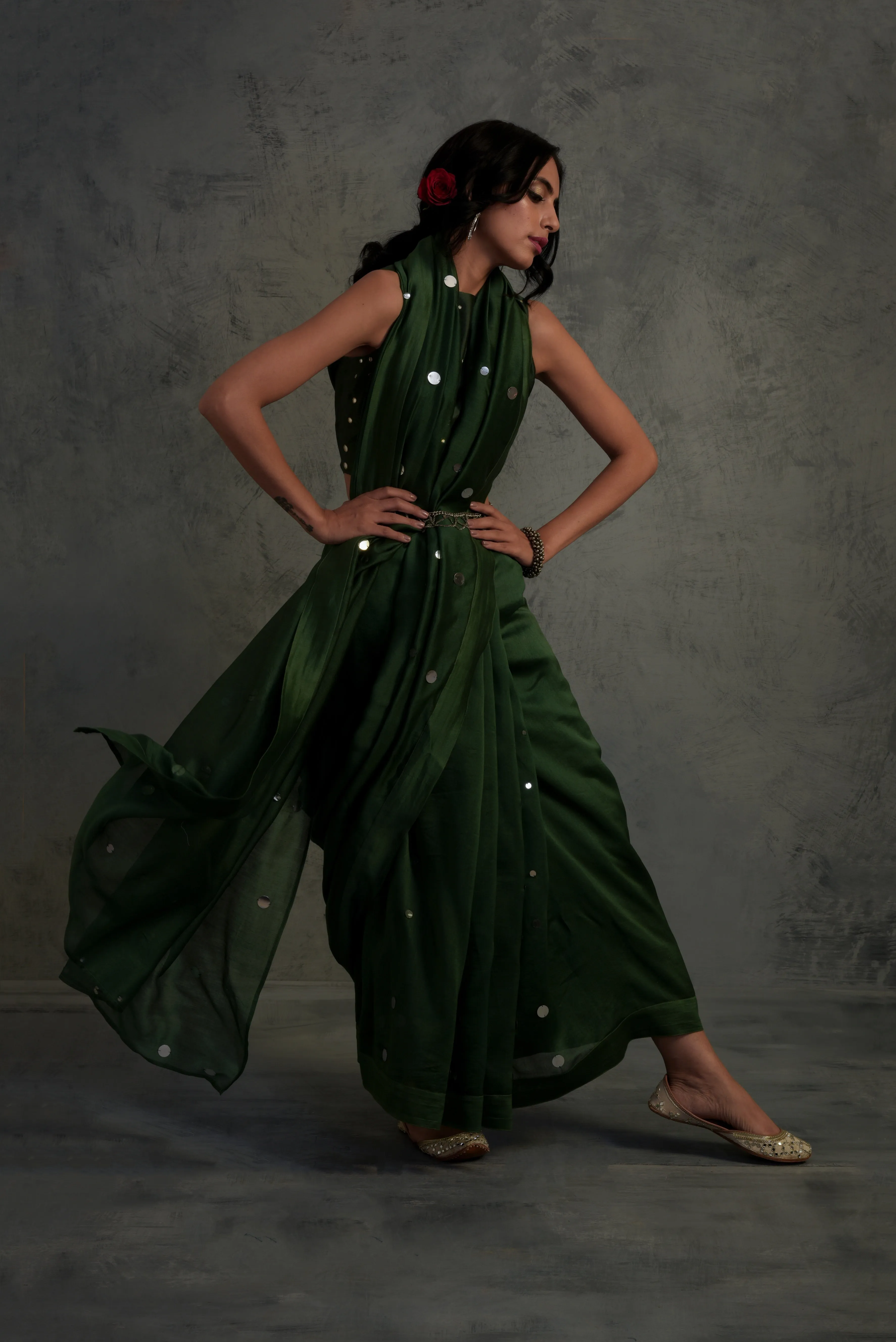 Bottle Green Chanderi Saree - Set of 2