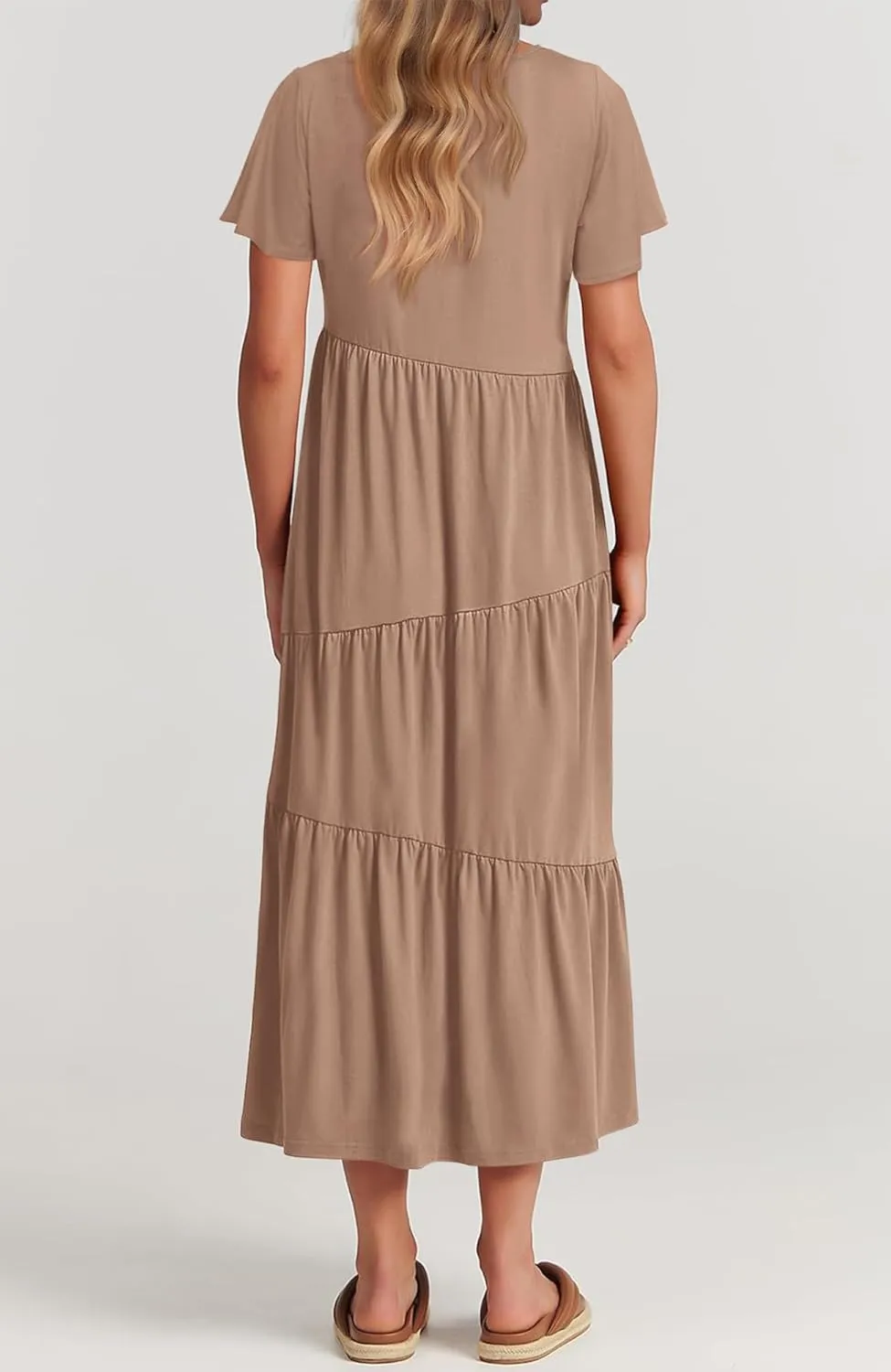 BTFBM Women Summer Casual Short Sleeve Dresses Crewneck Solid Color Maxi Dress Wedding Guest Dresses with Pockets