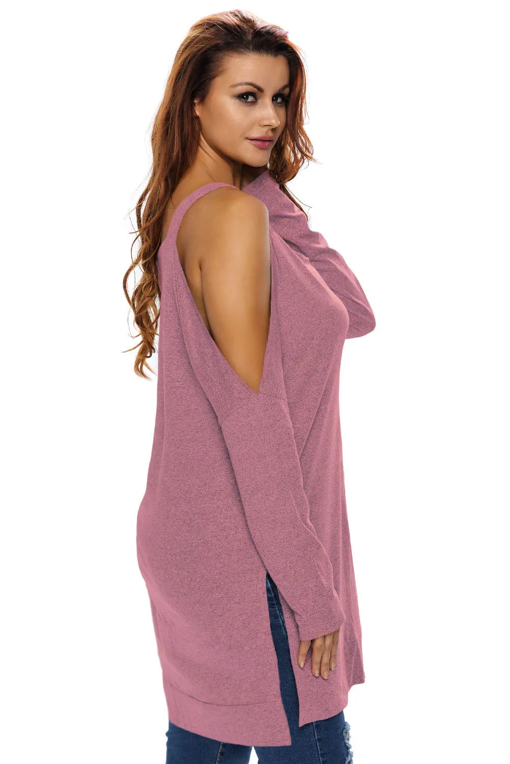Burgundy Asymmetric Cold Shoulder Side Split Long Sleeve Blouse