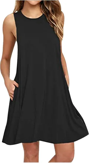 Canbebig Summer Dresses for Women Beach Solid Tshirt Sundress Sleeveless Casual Loose Swing Short Tank Dress with Pockets