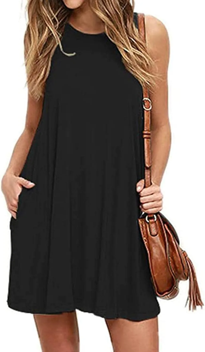 Canbebig Summer Dresses for Women Beach Solid Tshirt Sundress Sleeveless Casual Loose Swing Short Tank Dress with Pockets