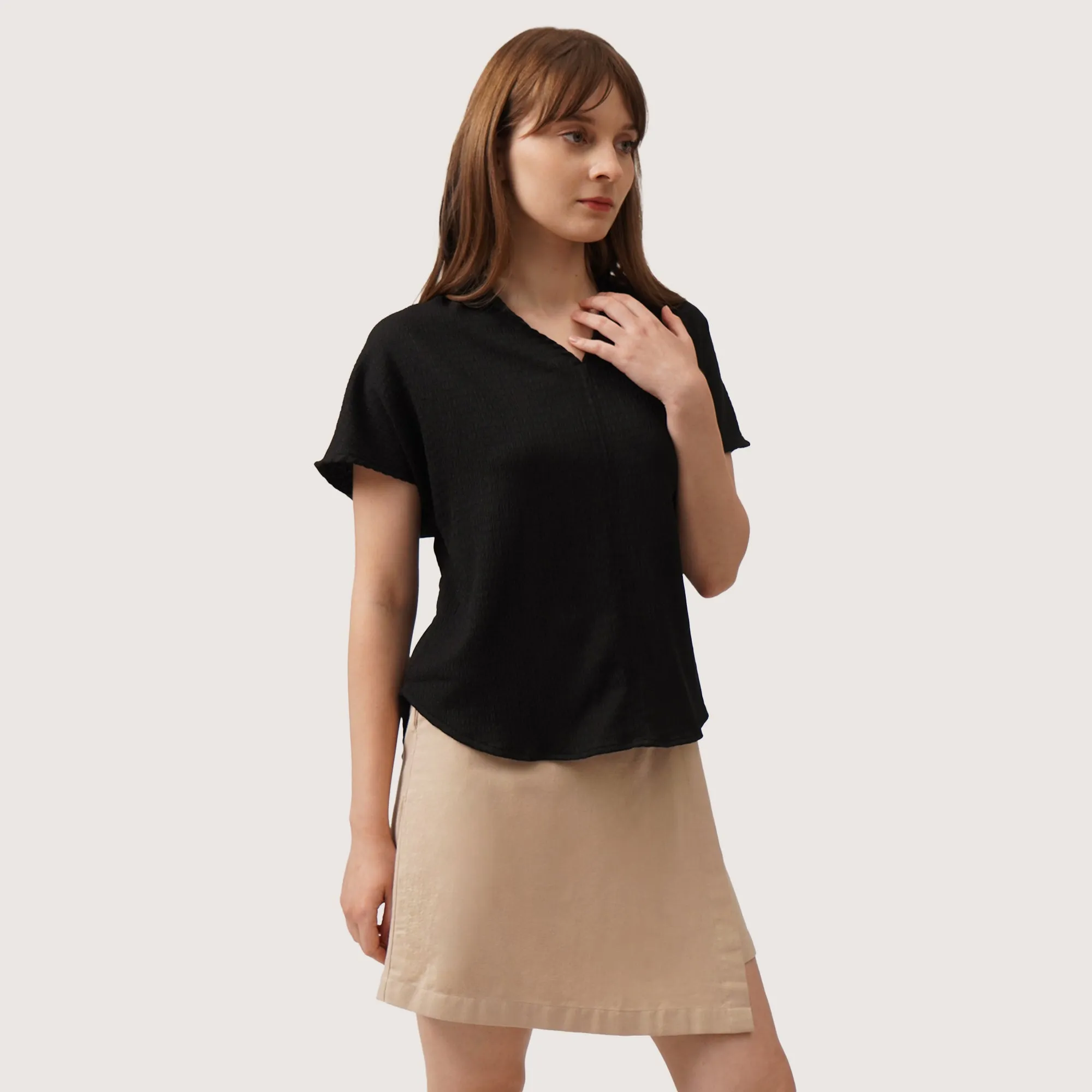 Cap Sleeved Textured Knit Shirt