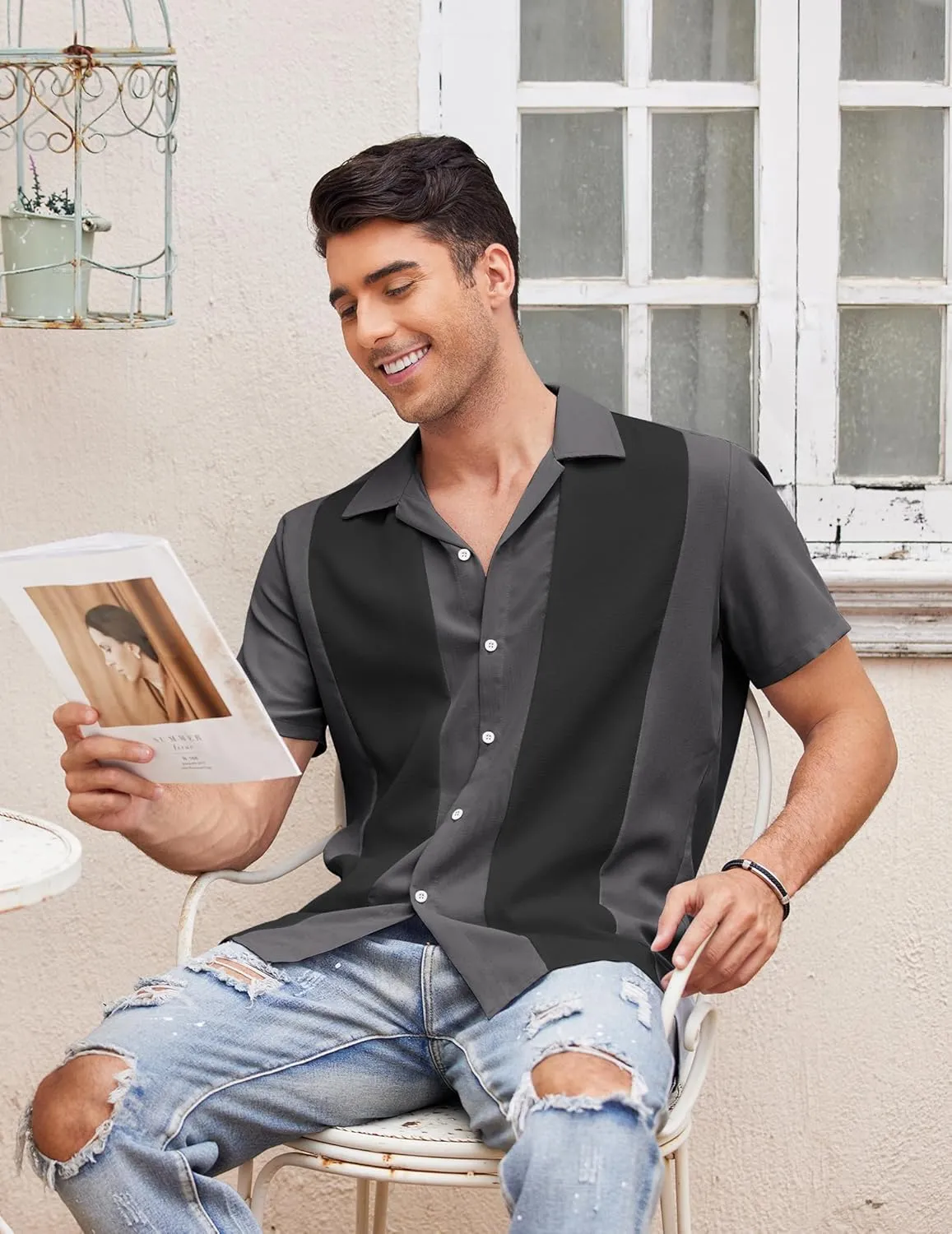 COOFANDY Men's Vintage Bowling Shirt Short Sleeve Button Down Summer Cuba Beach Shirts