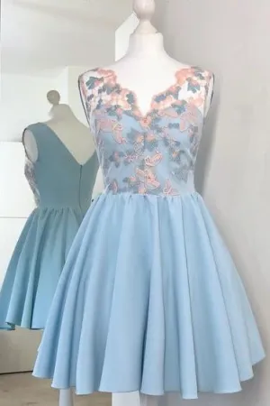 Cute V-Neck A Line Light Blue Short Homecoming Dress with Appliques PFH0043