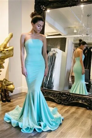 Elegant Light Blue Strapless Mermaid Long Prom Dress