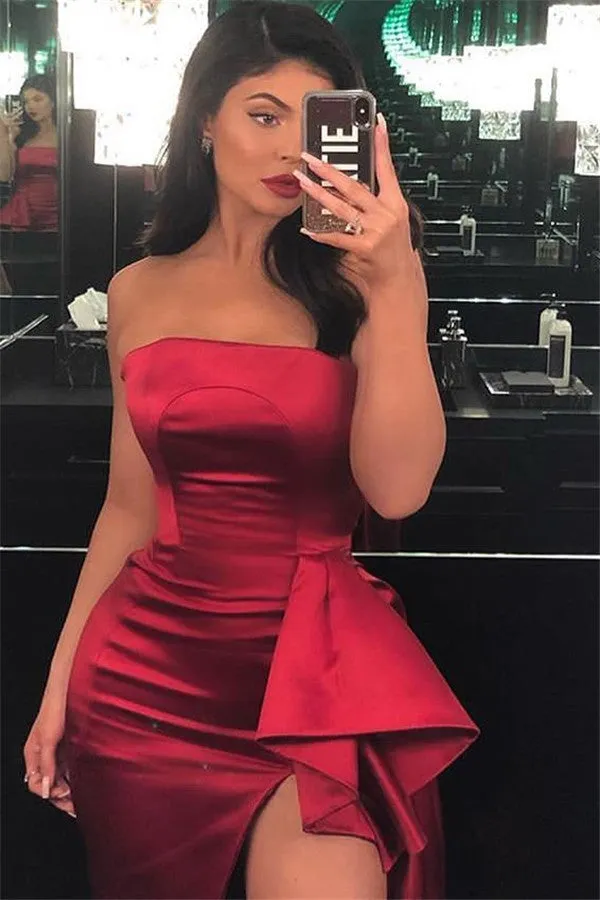 Elegant Long A-line Strapless Satin Prom Dress with Slit