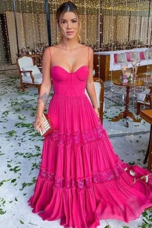 Elegant Spaghetti Straps A-Line Pleated Long Formal Prom Dress