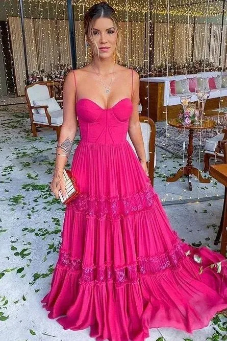 Elegant Spaghetti Straps A-Line Pleated Long Formal Prom Dress