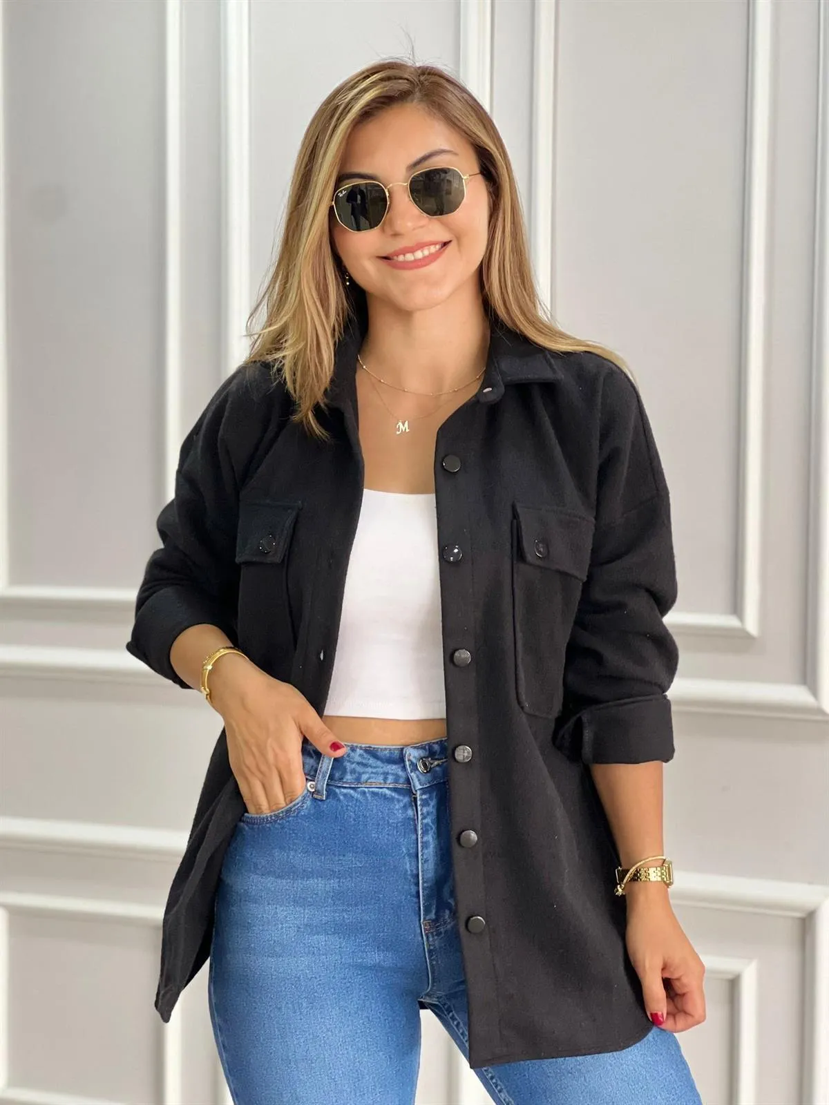 Emerald Green Long Sleeve Blouse Shacket
