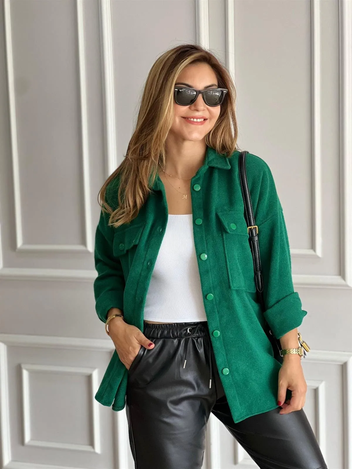 Emerald Green Long Sleeve Blouse Shacket