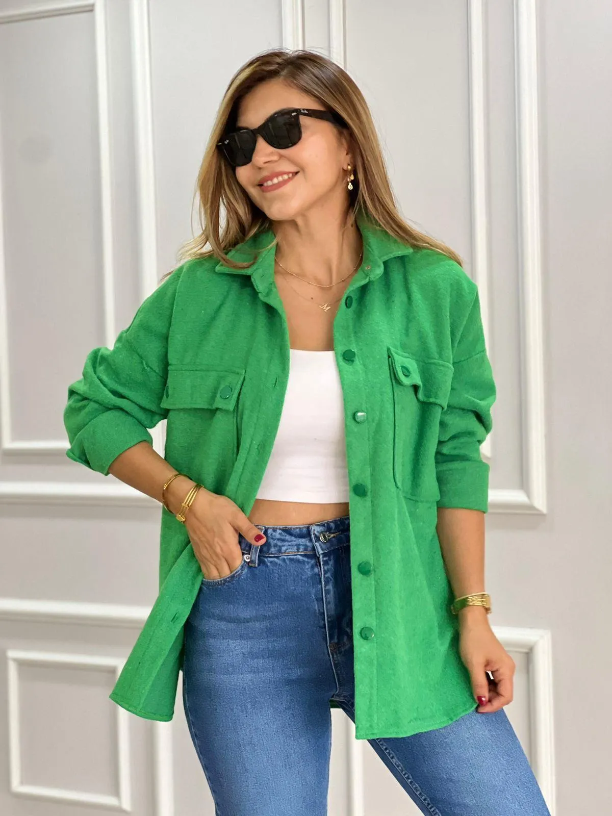 Emerald Green Long Sleeve Blouse Shacket