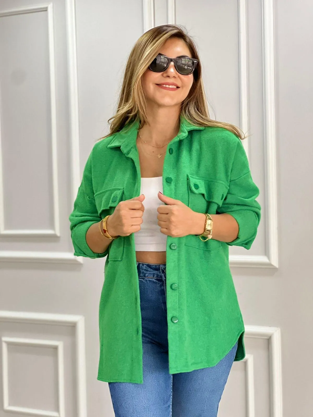 Emerald Green Long Sleeve Blouse Shacket