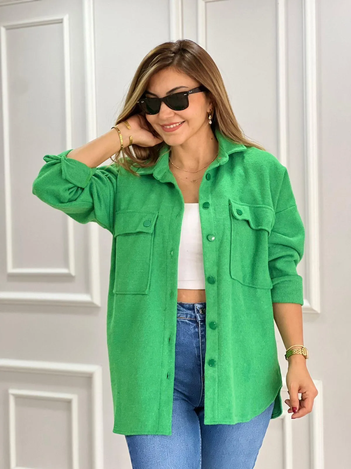 Emerald Green Long Sleeve Blouse Shacket