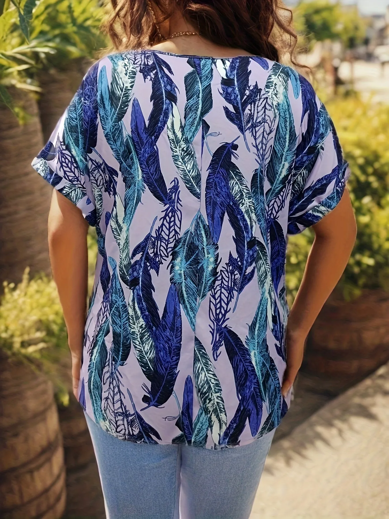 Feather Print VNeck Blouse for Plus Size Women