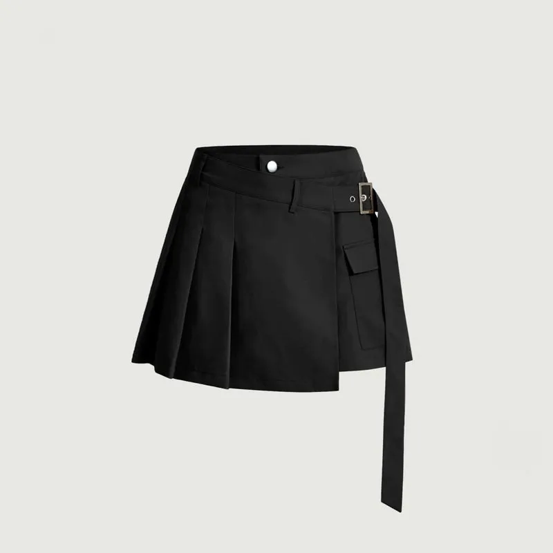 Flap Pocket Buckled Side Pleated Skirt