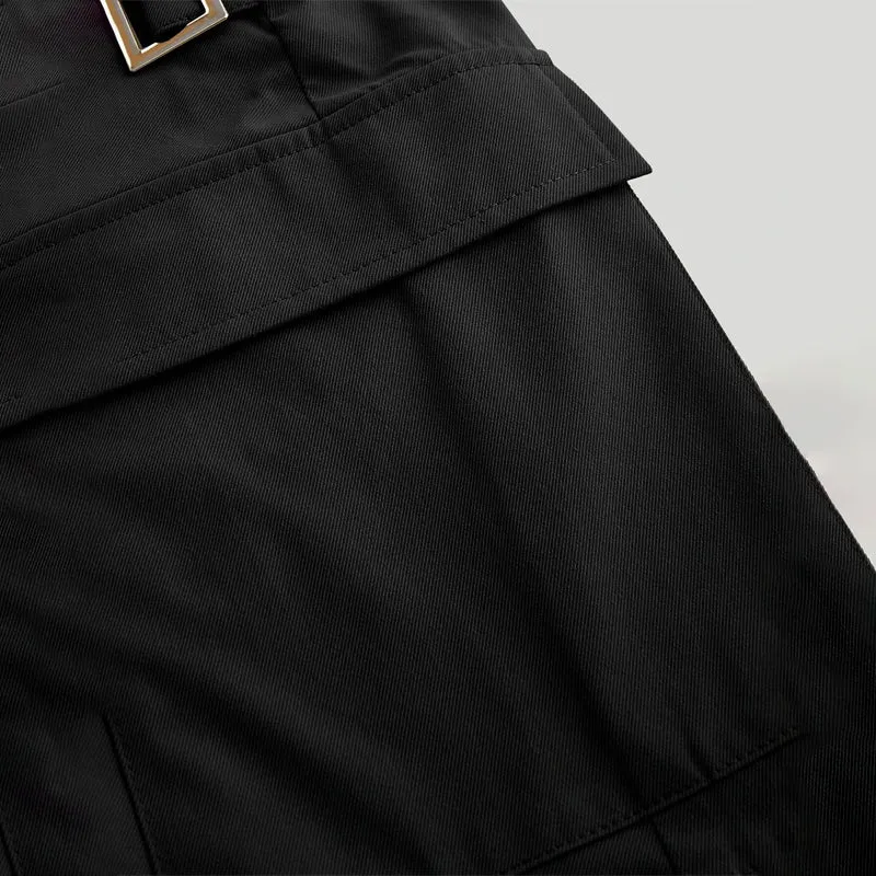 Flap Pocket Buckled Side Pleated Skirt