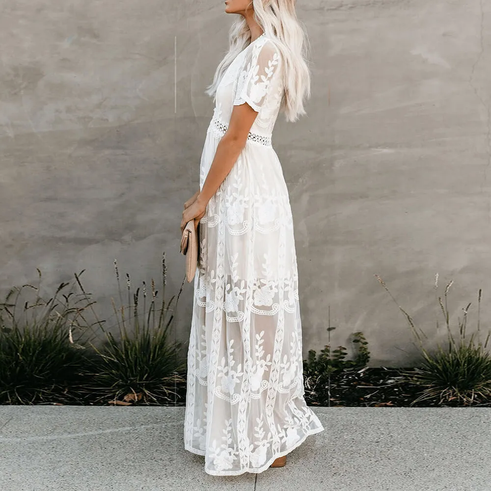 Floral Elegant White Lace Embroidered Maxi Dress