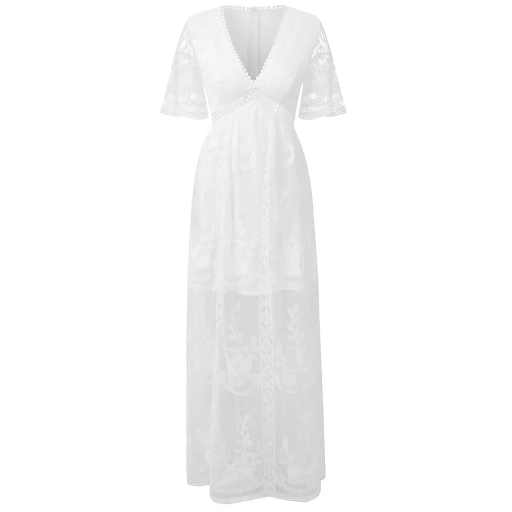 Floral Elegant White Lace Embroidered Maxi Dress