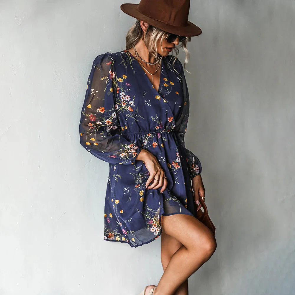 Floral V-Neck Chiffon A-Line Elasticized Waist Long Sleeve Mini Dress