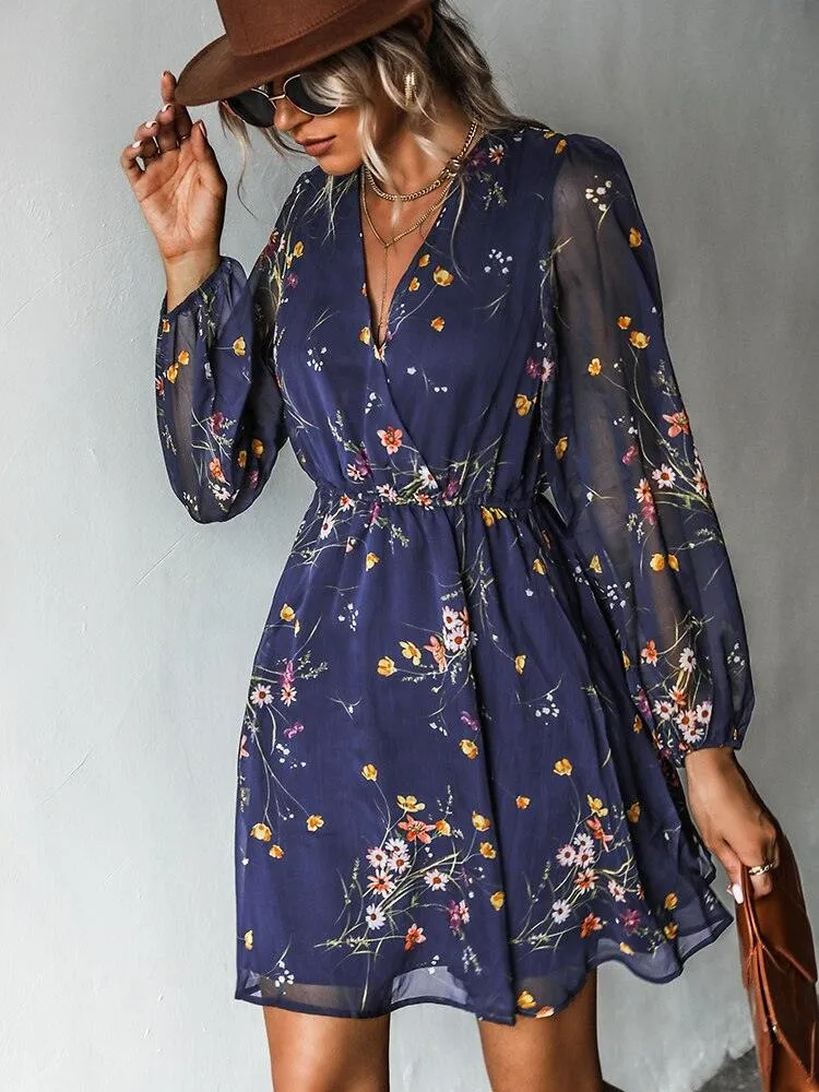 Floral V-Neck Chiffon A-Line Elasticized Waist Long Sleeve Mini Dress