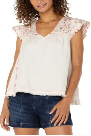 Flutter Sleeve V-neck Blouse Bone with Embroidery