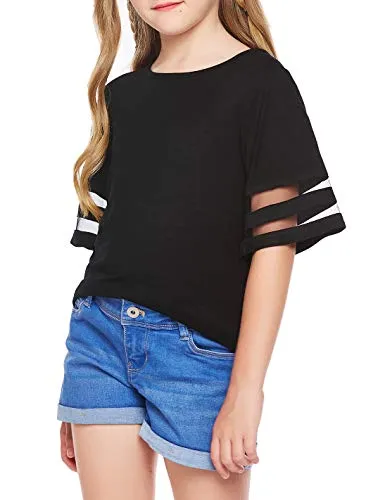 Girls Size 5 Short Sleeve T-Shirts Flare Tunic Summer Tops, Trendy Casual Black Blouse Perfect for All Seasons