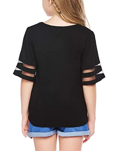 Girls Size 5 Short Sleeve T-Shirts Flare Tunic Summer Tops, Trendy Casual Black Blouse Perfect for All Seasons