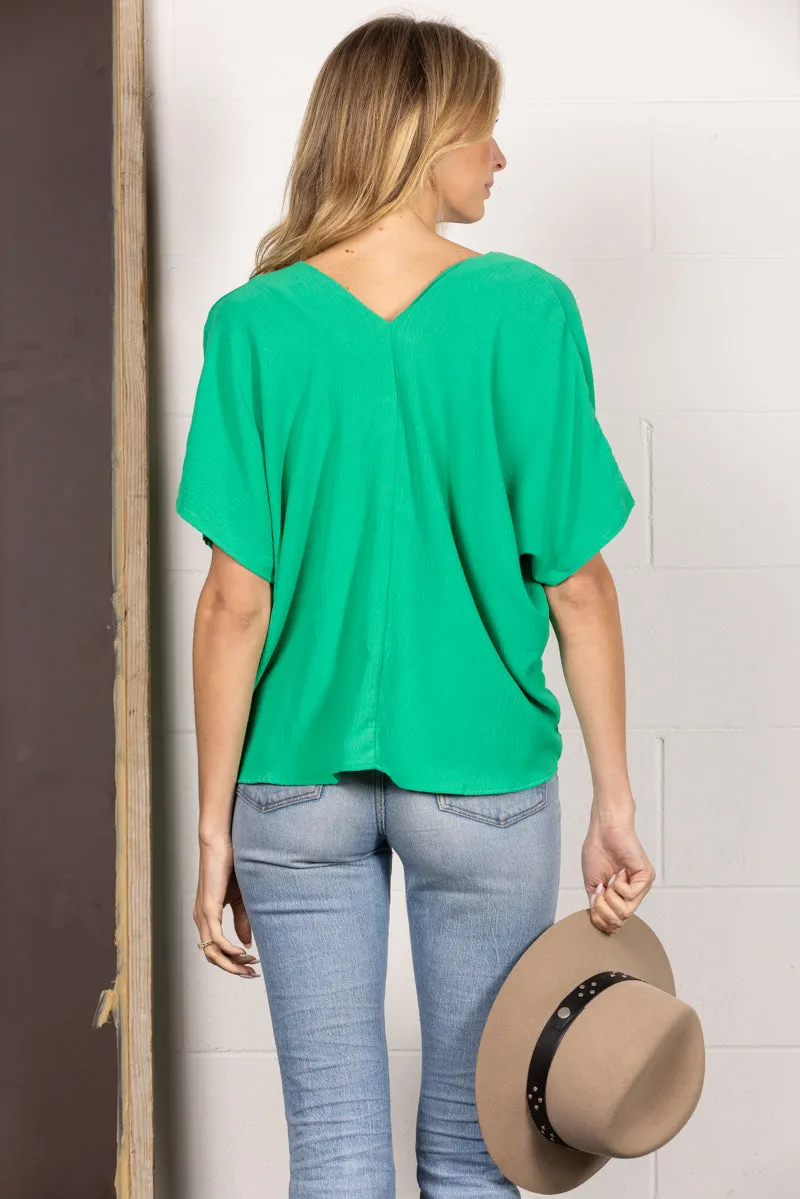 GREEN RUNCHED V-NECK DOLMAN SLEEVES TOP TC12603SA