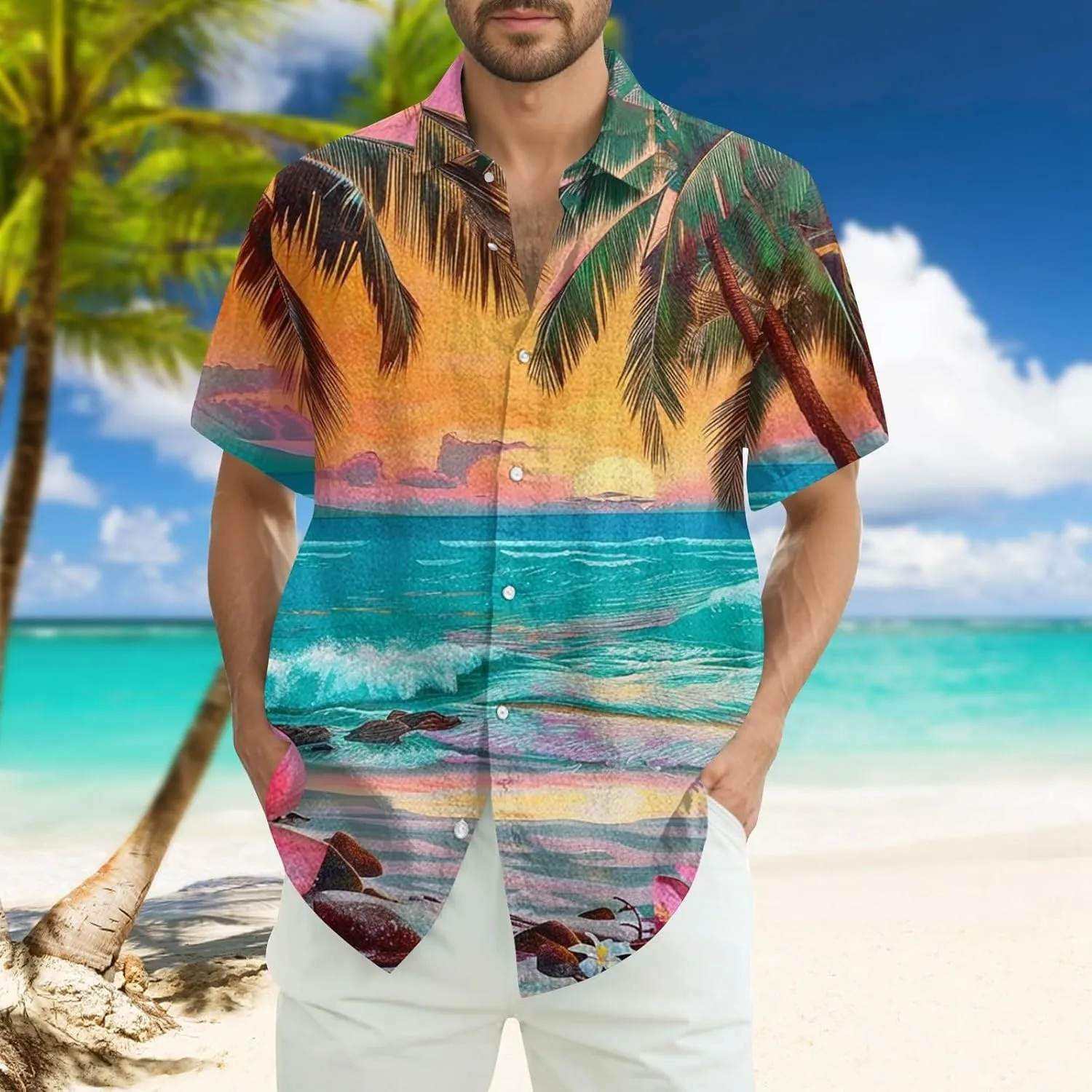 Hawaiian Button Down Shirts for Men Short Sleeve Tropical Print Tops Casual Loose Summer Beach Vacation Blouses