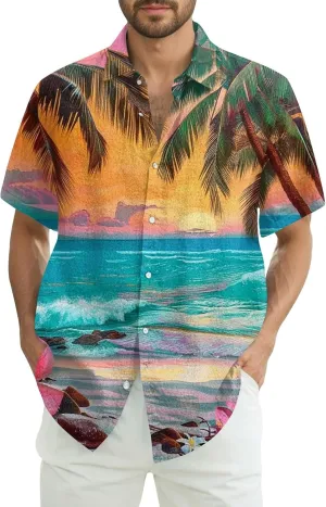 Hawaiian Button Down Shirts for Men Short Sleeve Tropical Print Tops Casual Loose Summer Beach Vacation Blouses