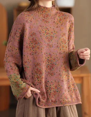High Neck Comfortable Floral Loose Sweater