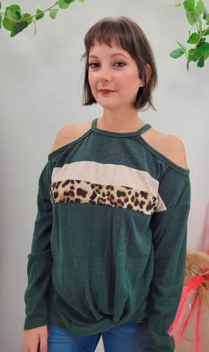 Hunter Green Cold Shoulder Leopard Top