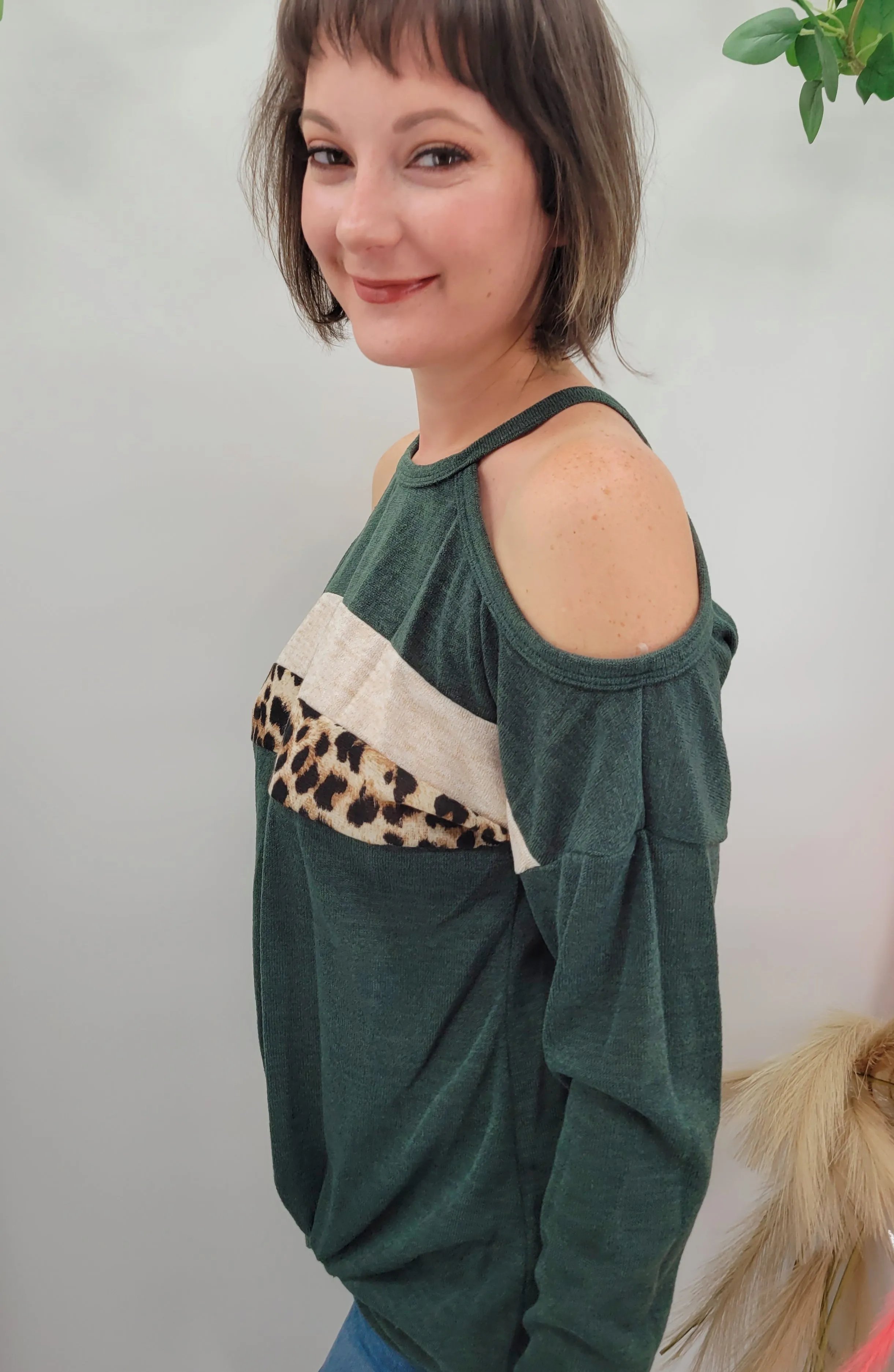 Hunter Green Cold Shoulder Leopard Top