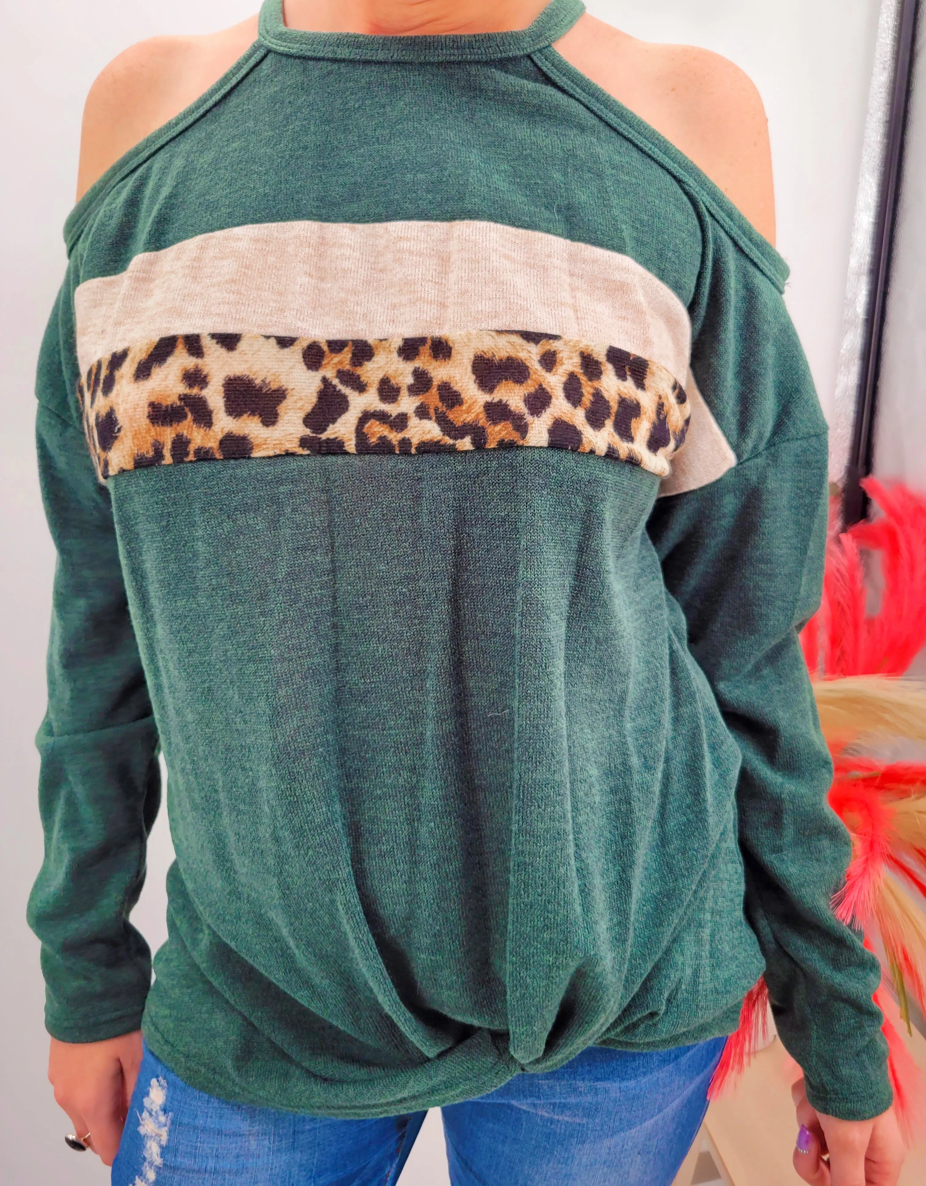 Hunter Green Cold Shoulder Leopard Top