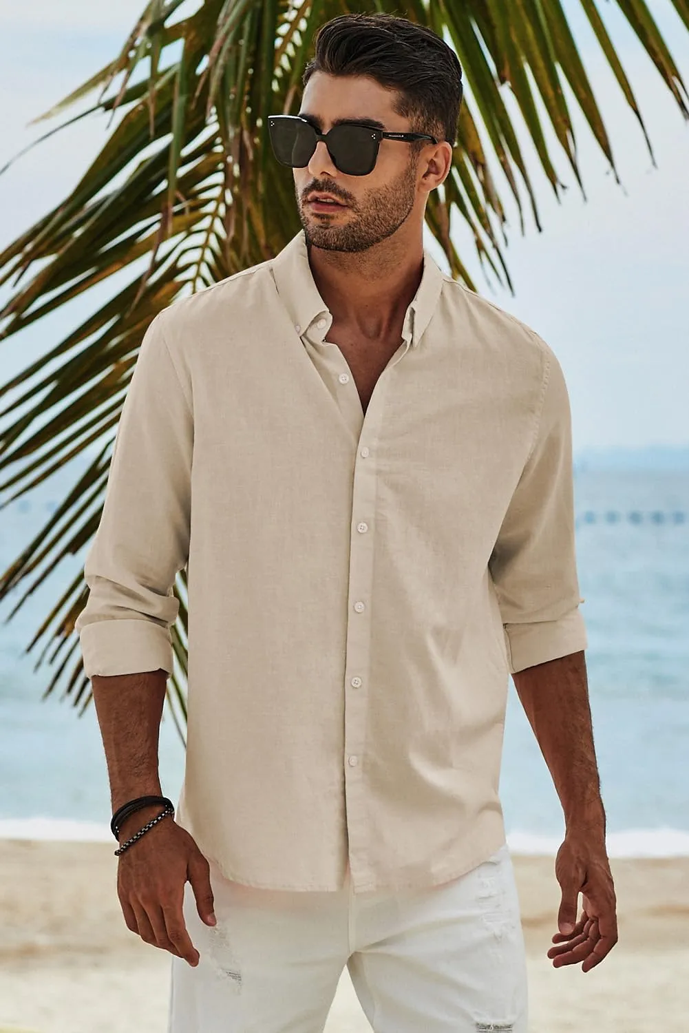 JMIERR Men's Cotton Linen Button Down Shirt Casual Stylish Long Sleeve Business Dress Shirts