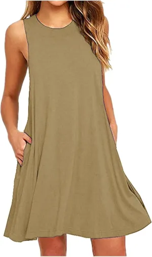 Ladies Mini Dresses with Pockets,Sleeveless Summer Dresses Elegant Plain Tank Dress Casual Loose High Waist Mini Dress