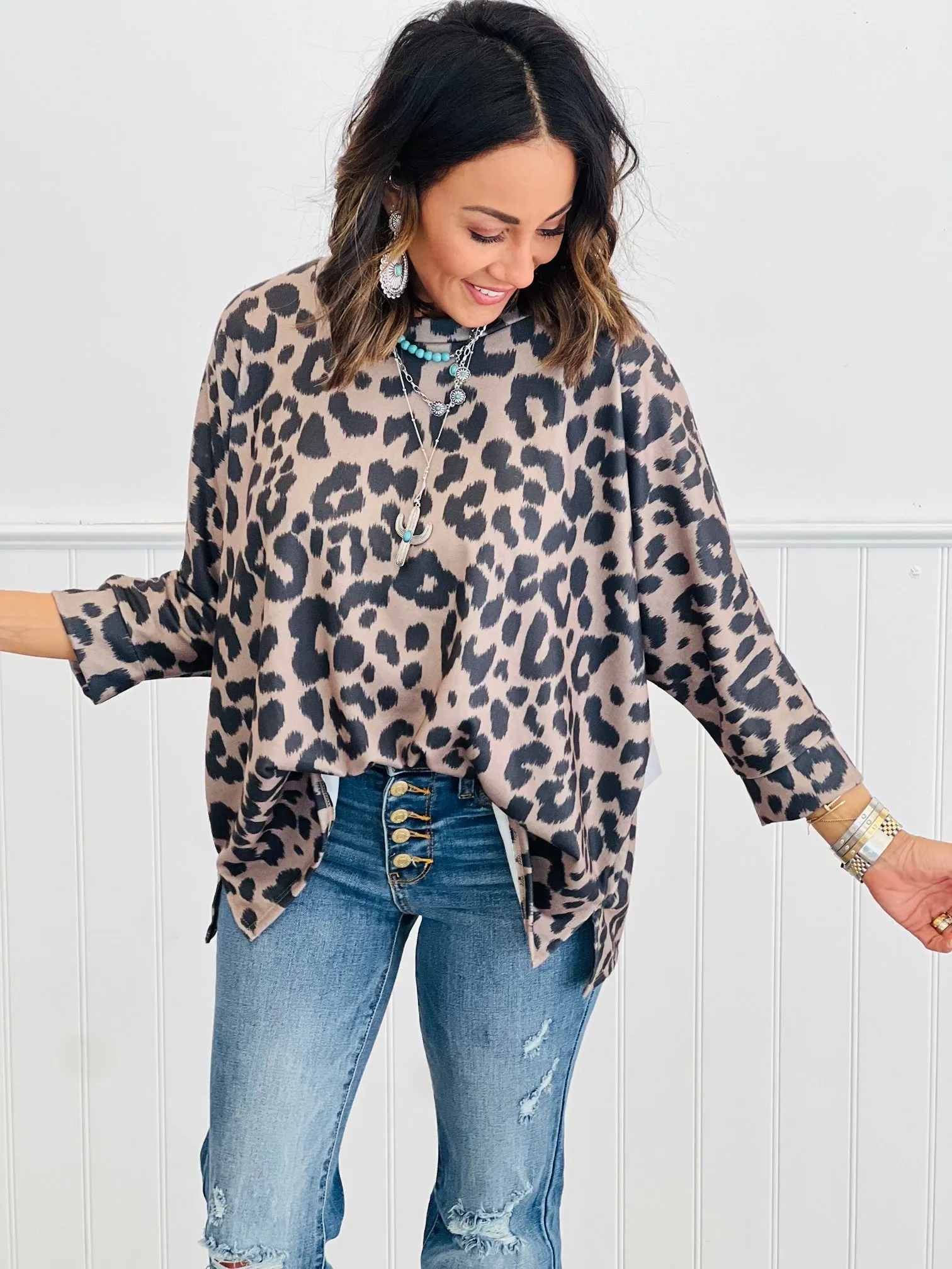 Leopard Print Round Neck Side Slit Blouse (Reg. and Plus)