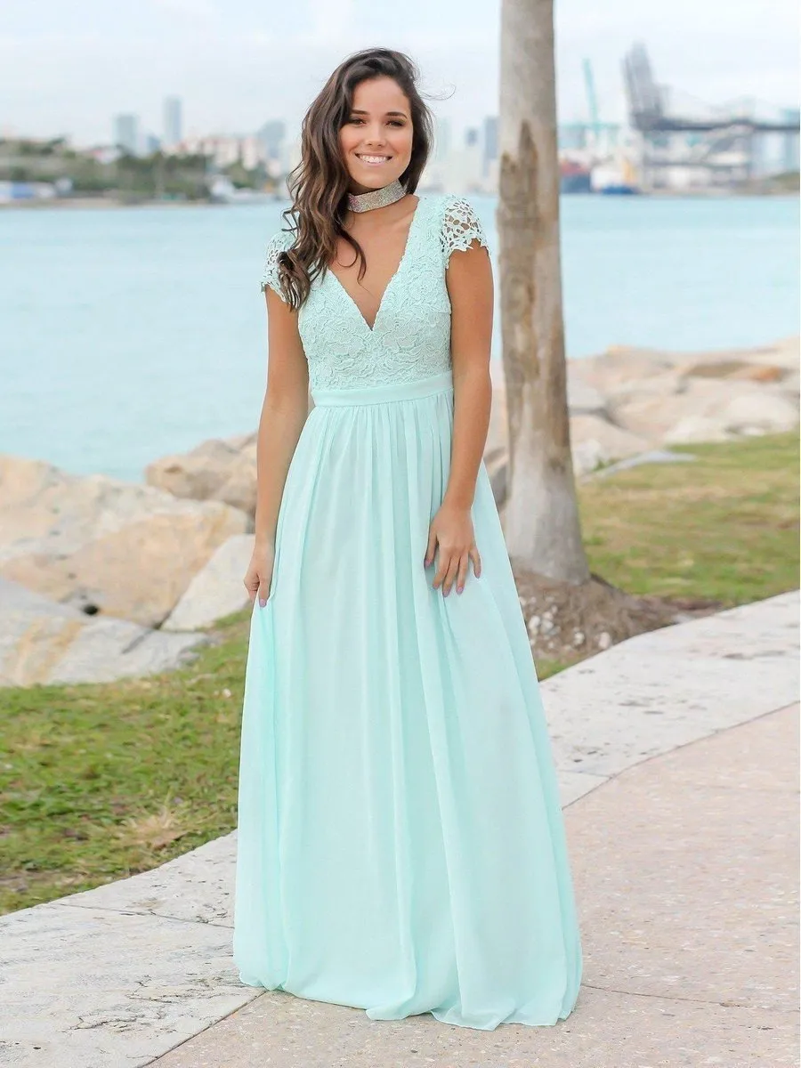 Light Blue Summer Formal Evening Dresses V Neck Simple Lace Wedding Guest Dresses APD3451