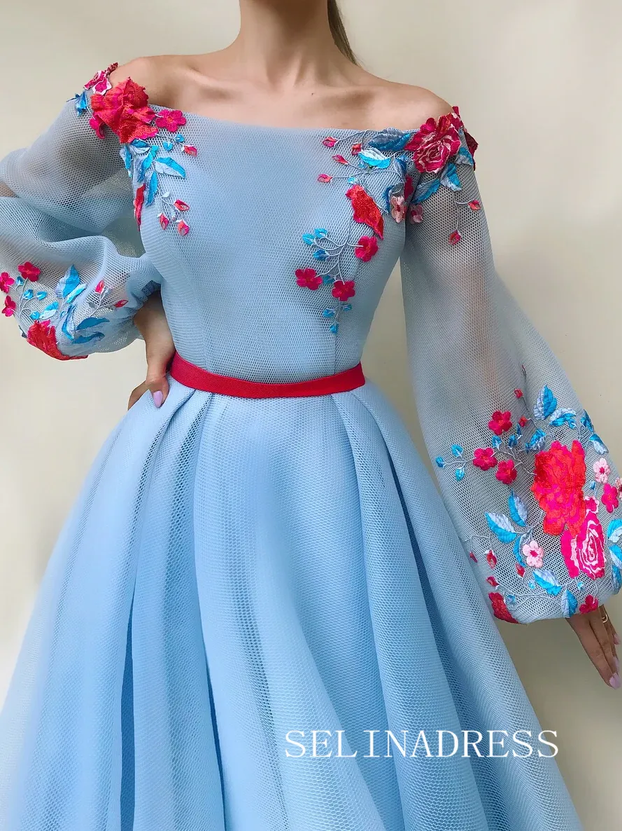 Light Sky Blue 3D Flower Long Prom Dress Long Sleeve Evening Dress EWR305