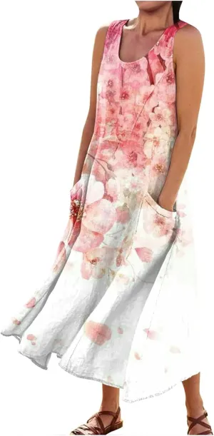 Linen Dress for Women 2024 Summer Flowy Tank Dress Printed Sleeveless Long Dress Casual Maxi Dresses with Pockets