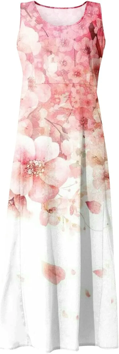 Linen Dress for Women 2024 Summer Flowy Tank Dress Printed Sleeveless Long Dress Casual Maxi Dresses with Pockets