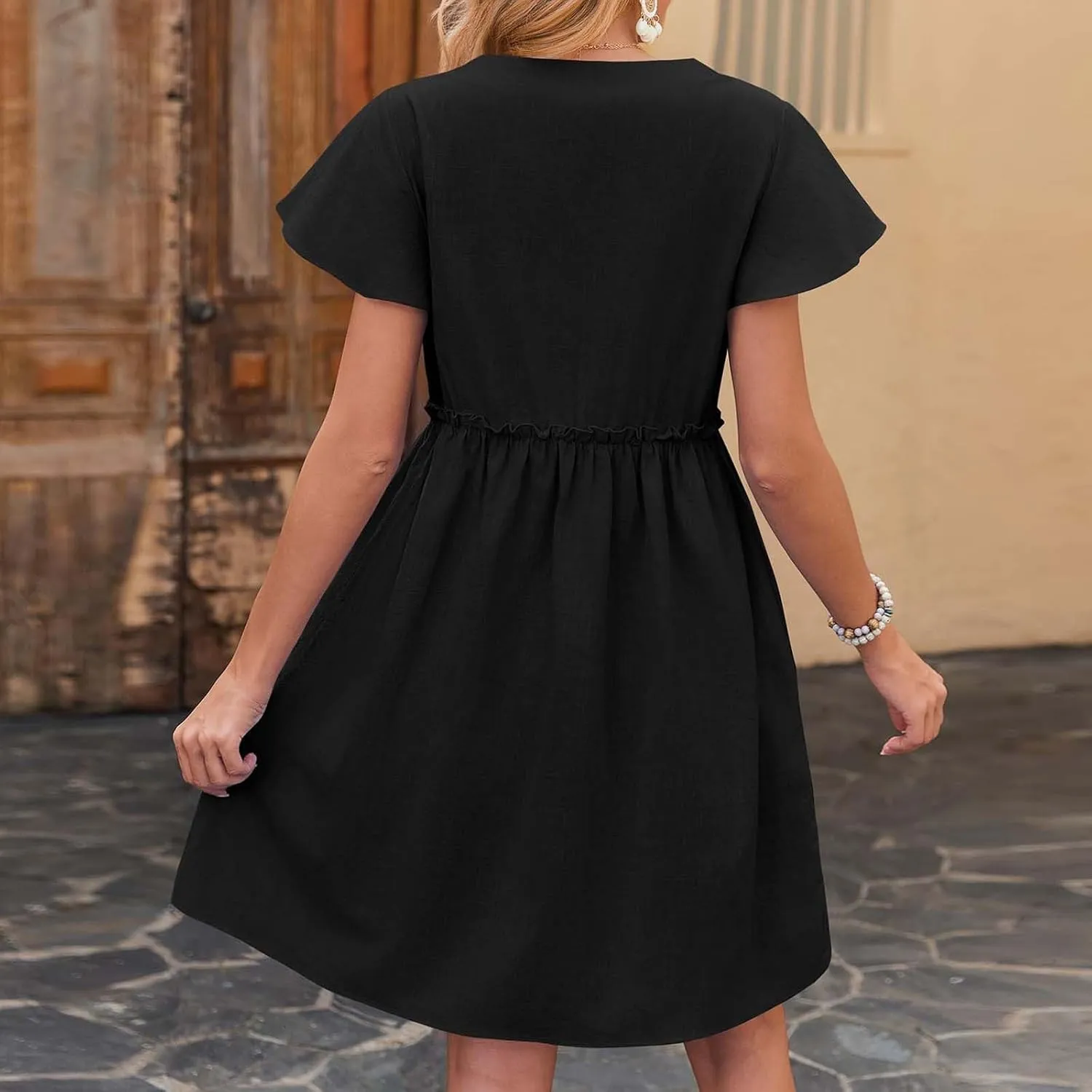Linen Dresses for Women 2025 V Neck Button Down Midi Dress Short Sleeve Linen Dress with Pockets Ruffle Mini Dresses