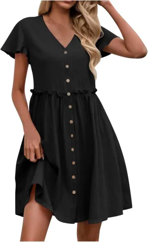 Linen Dresses for Women 2025 V Neck Button Down Midi Dress Short Sleeve Linen Dress with Pockets Ruffle Mini Dresses