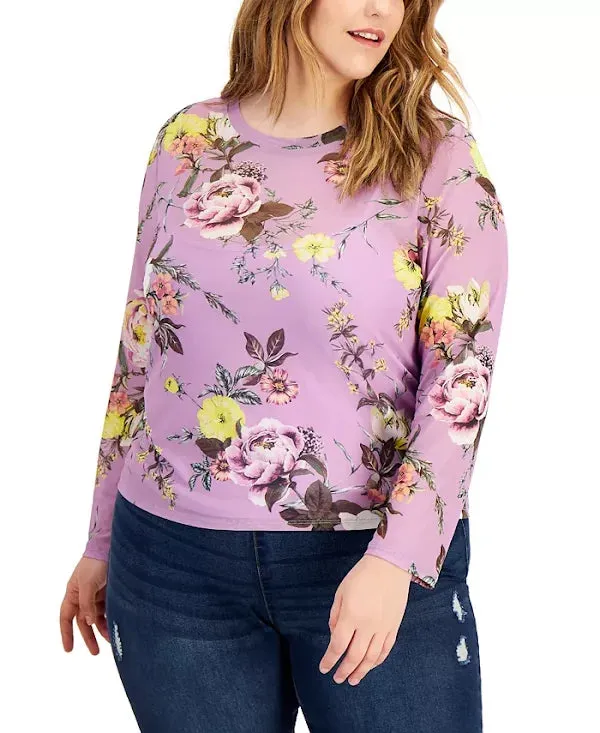 Love Fire Trendy Plus Size Long-Sleeved Printed Mesh Top