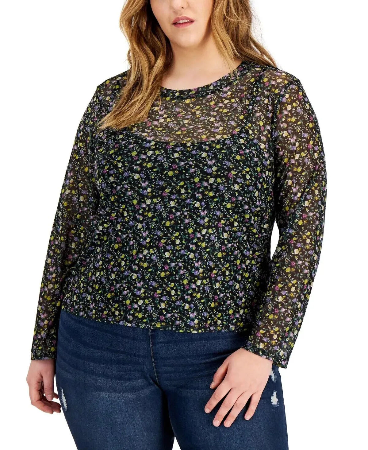 Love Fire Trendy Plus Size Long-Sleeved Printed Mesh Top